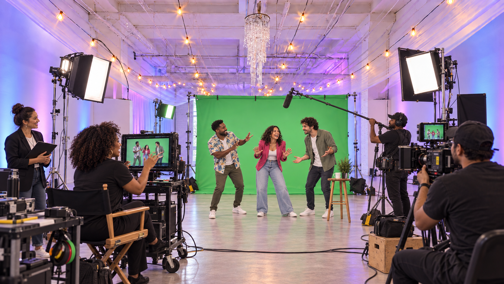 Actors performing in front of a green screen with a film crew