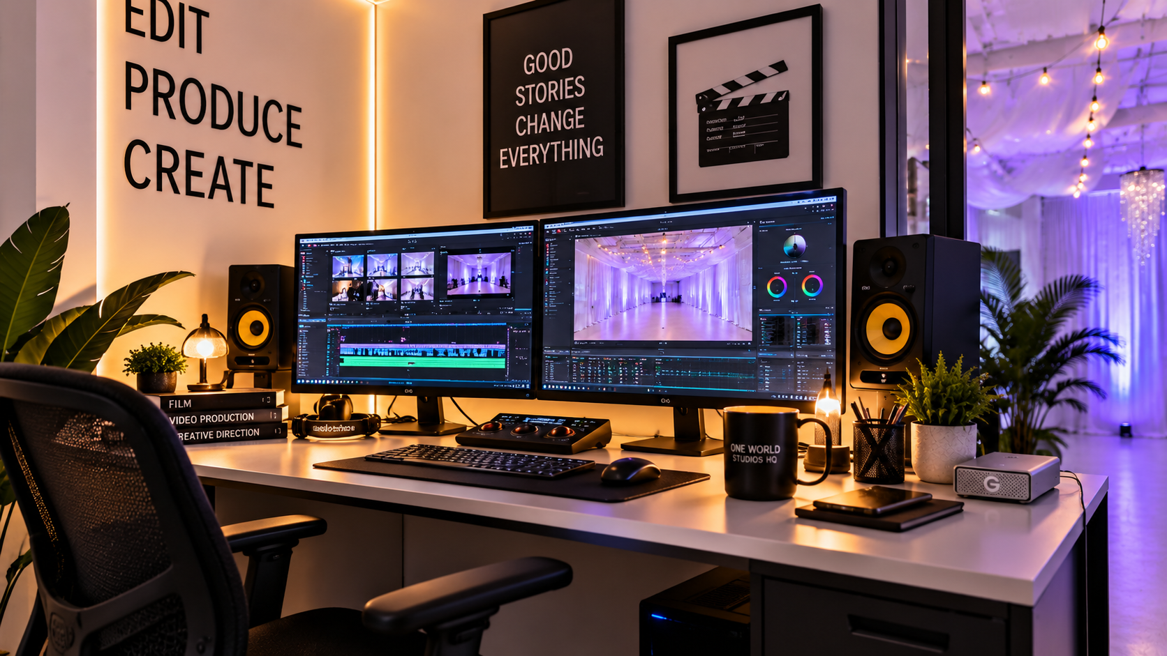 Editing desk with dual monitors, speakers, and the studio space beyond